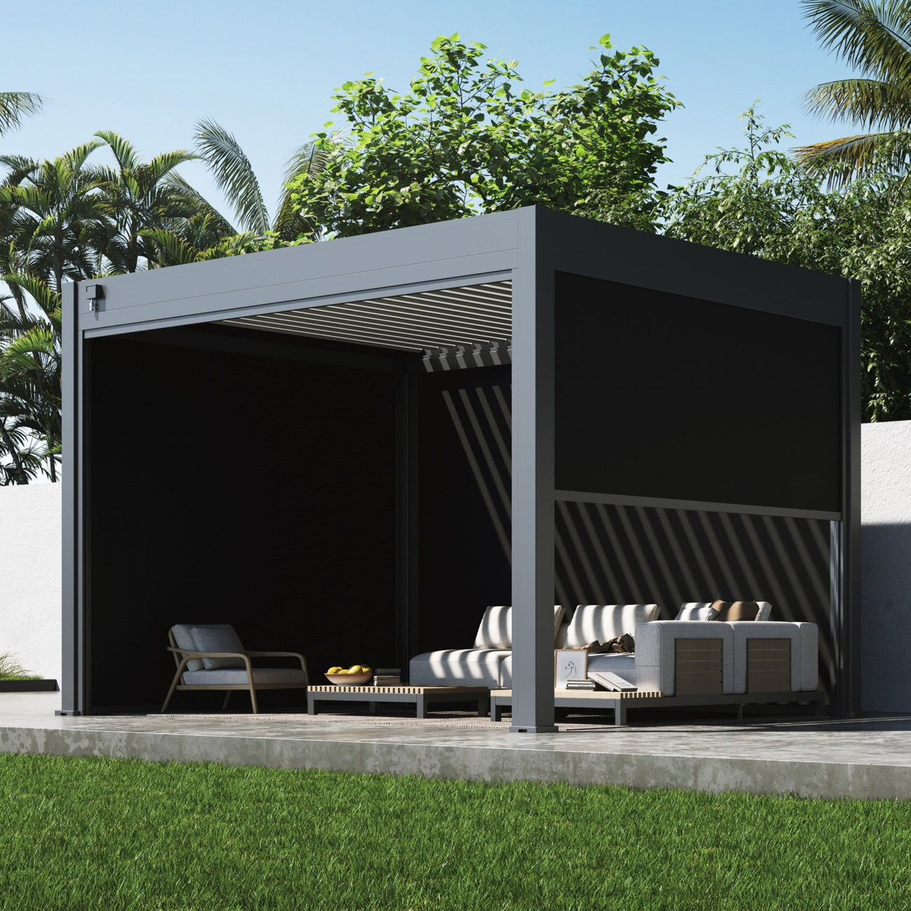 Lugano Louvered Pergola with Wind Screens