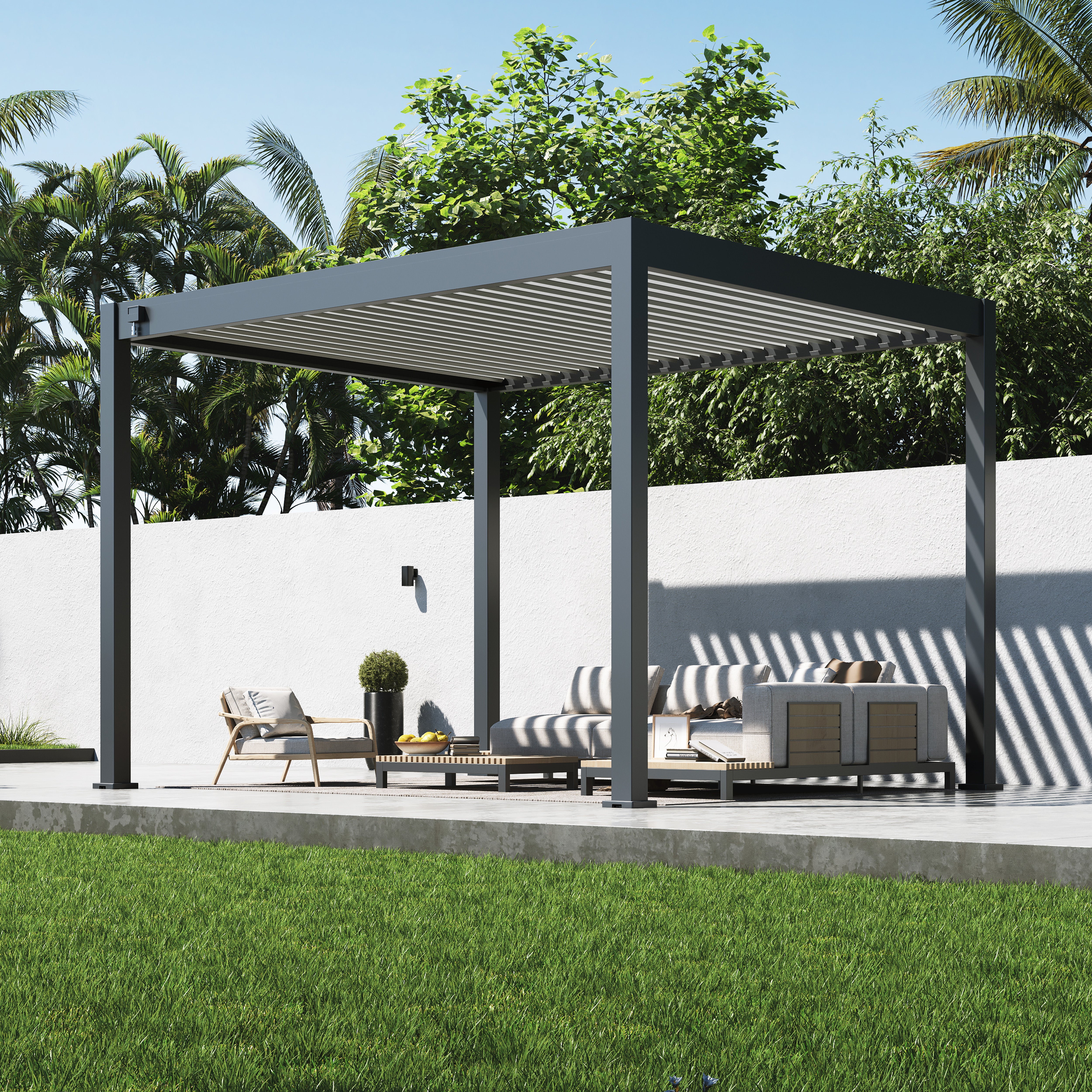 Lugano Louvered Pergola with Wind Screens