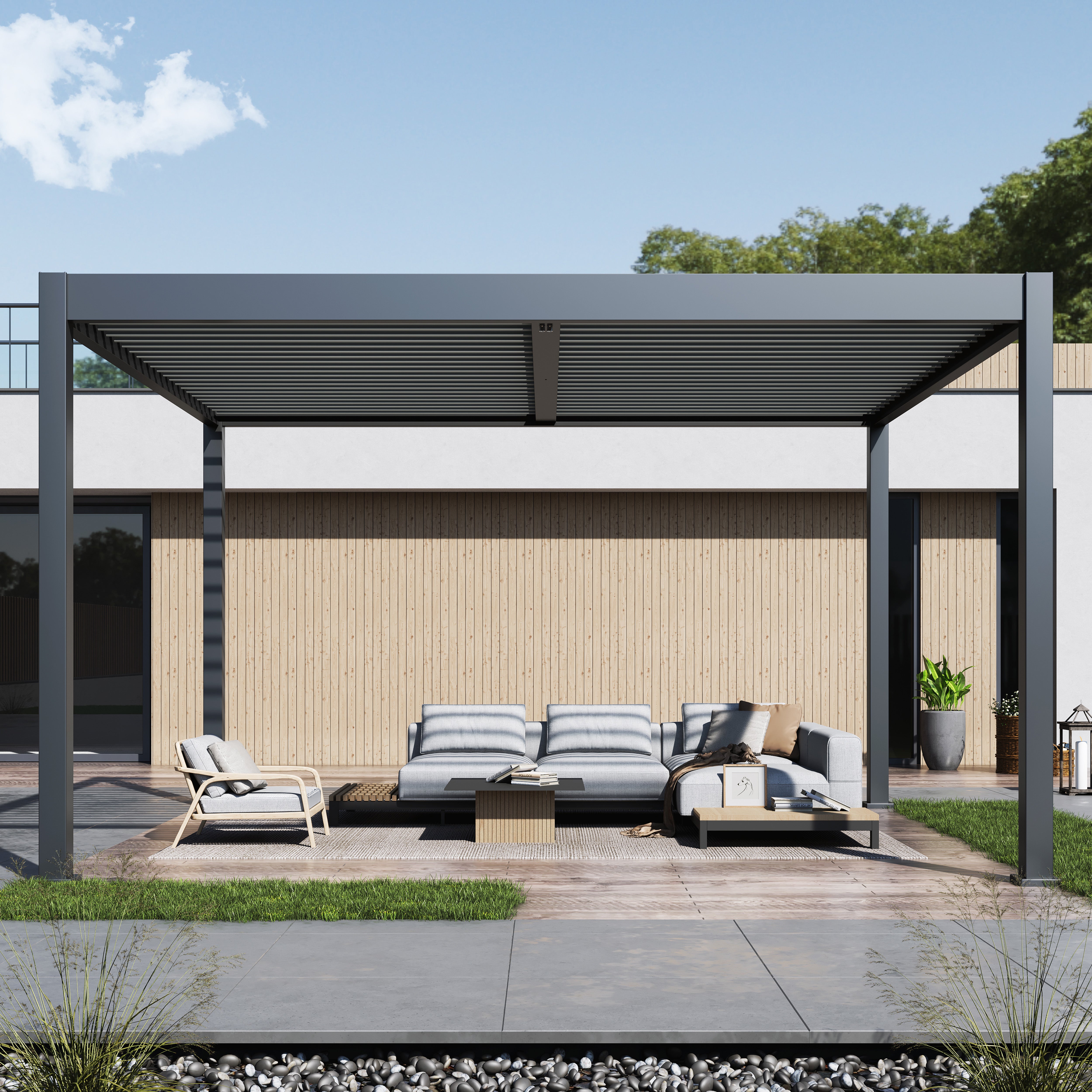 Lugano Louvered Pergola with Wind Screens