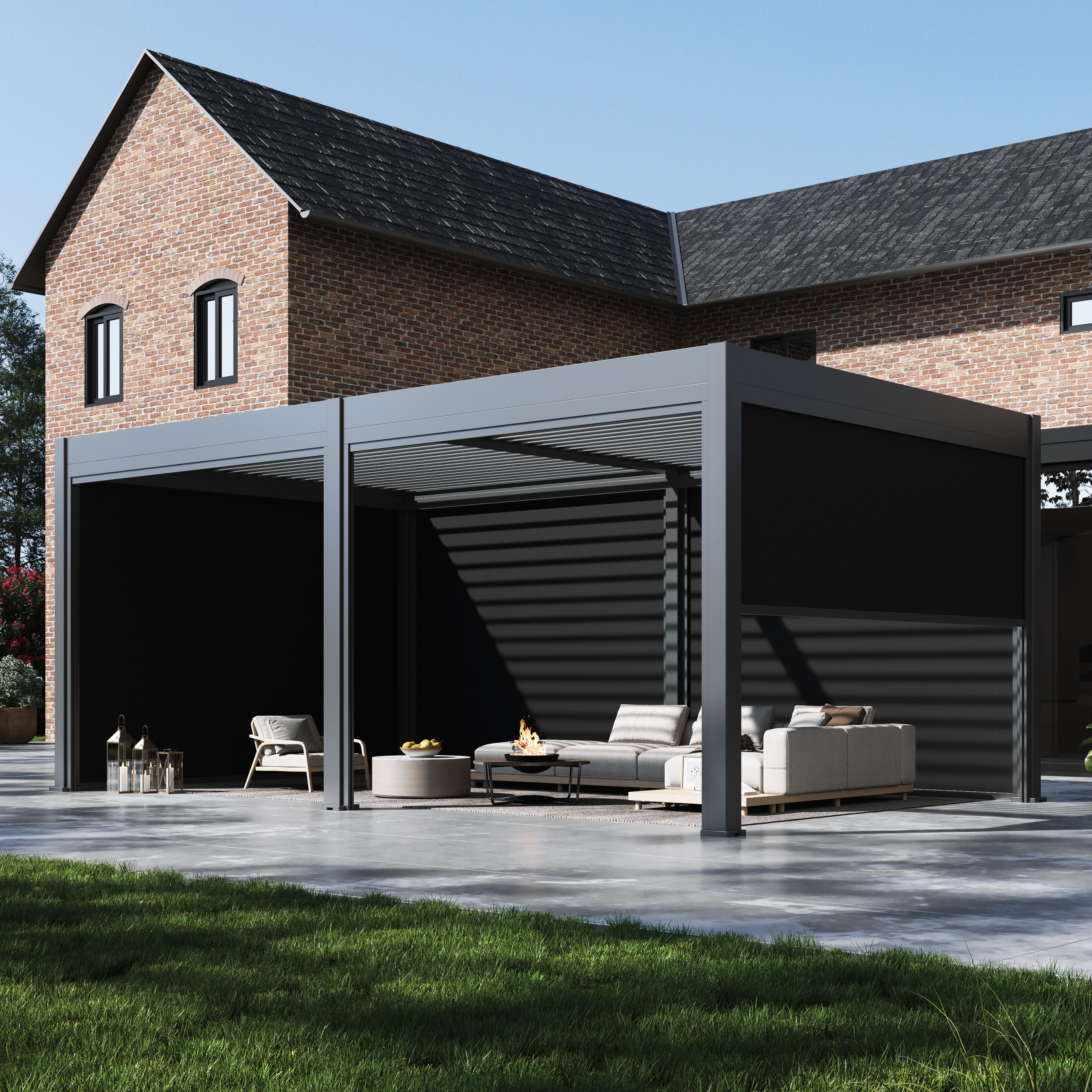 Lugano Louvered Pergola with Wind Screens