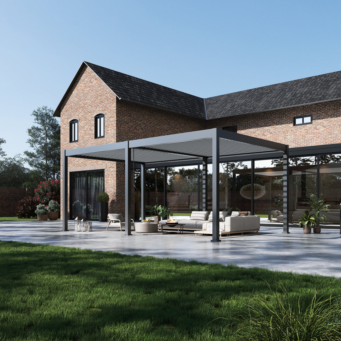 Lugano Louvered Pergola with Wind Screens